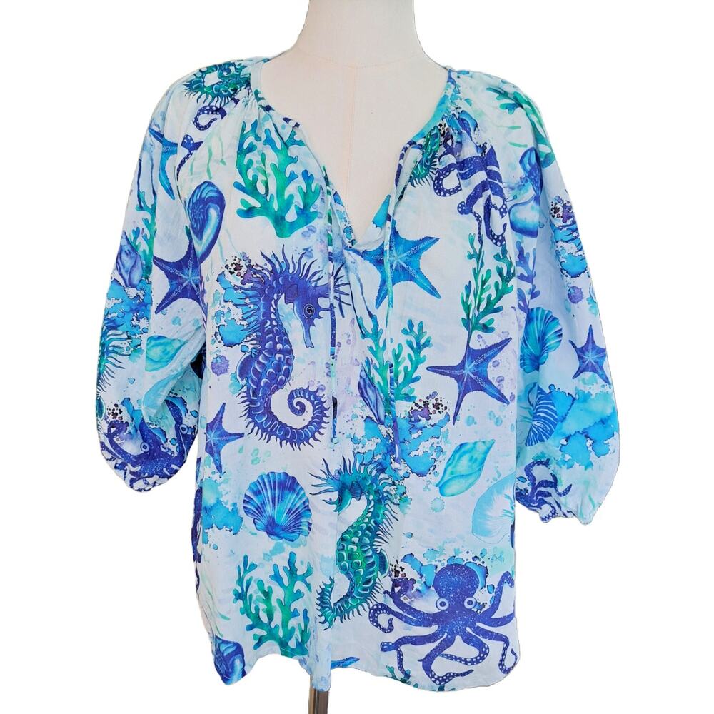SOHANA Sea Life Cotton Peasant Blouse Small Blue Coastal Resortwear Beachy Boho